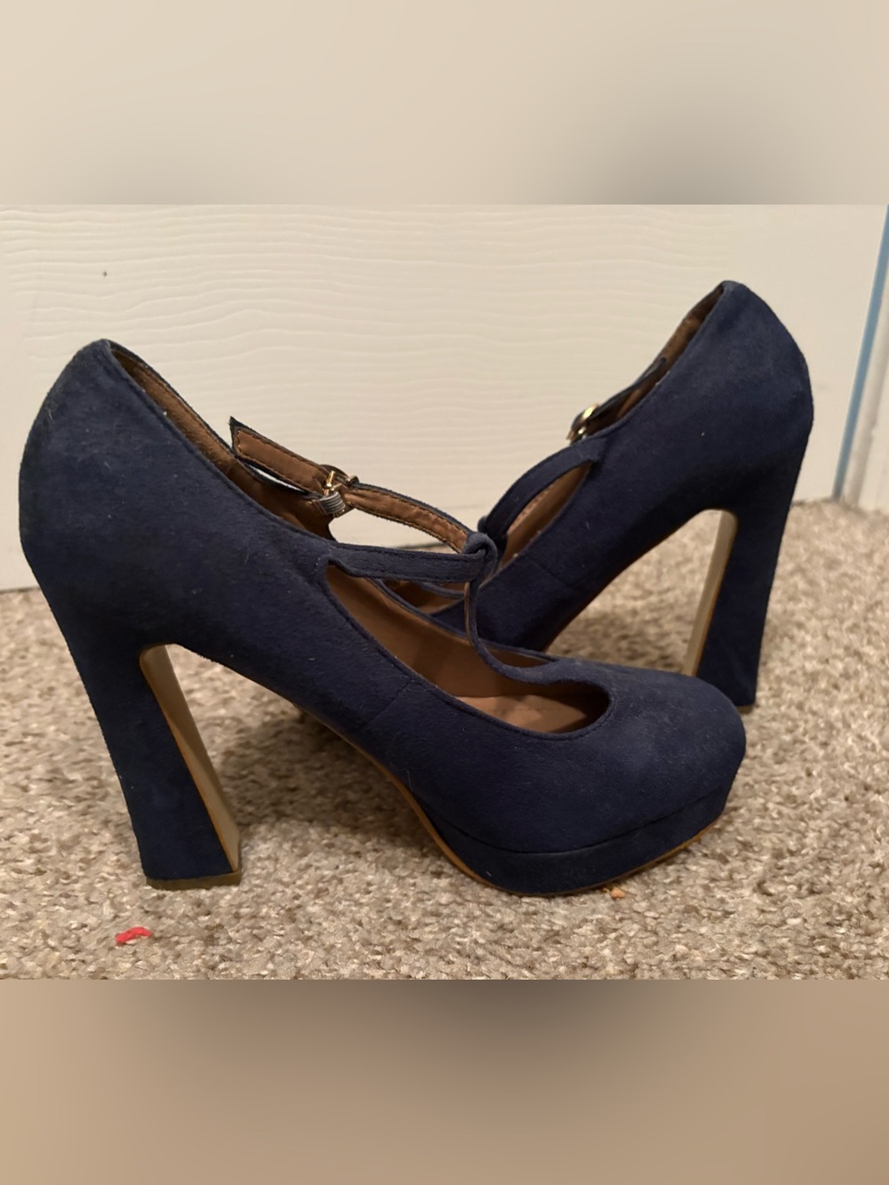 Suede Navy Mary Jane Platform Pumps with Ankle Strap